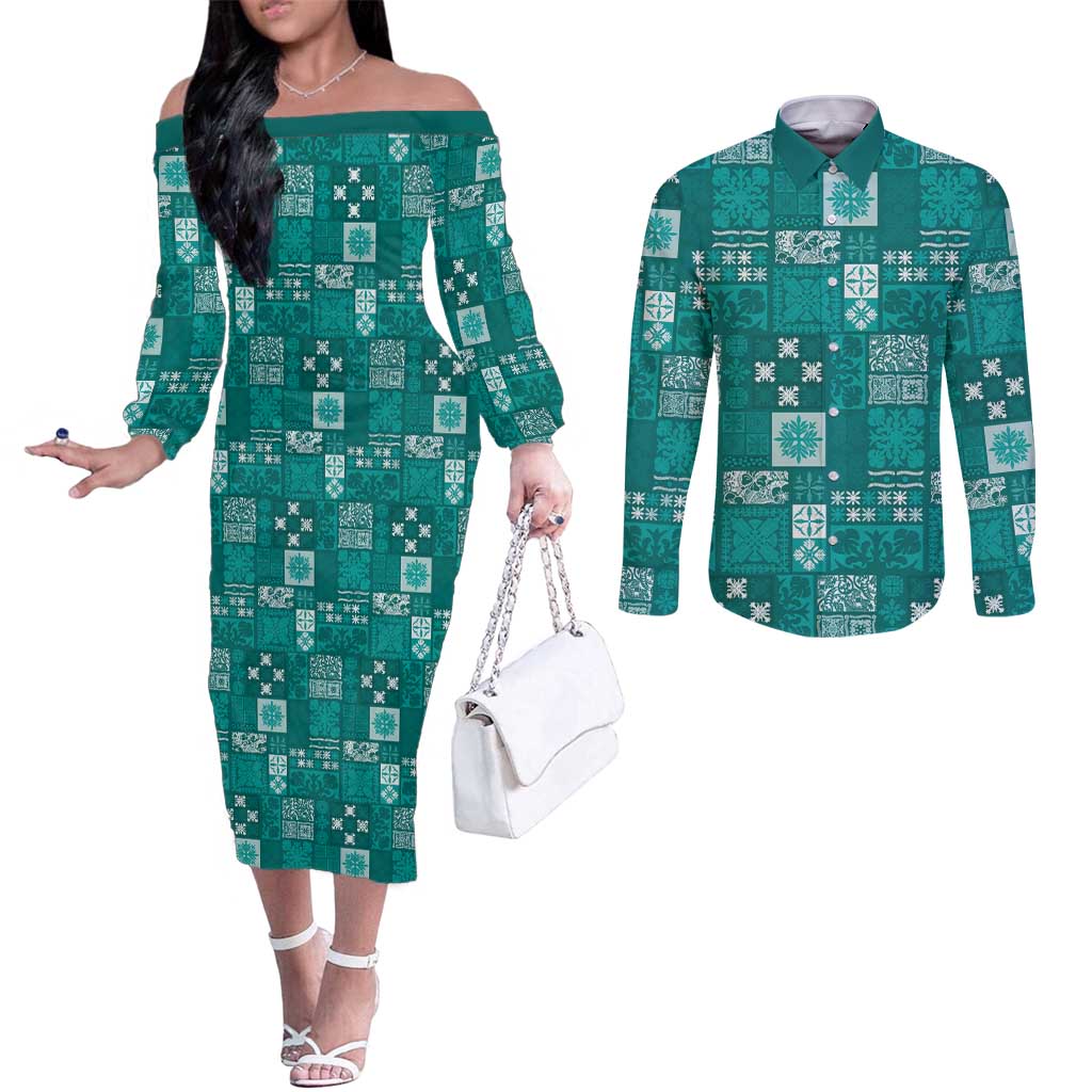 Vintage Hawaiian Quilting Patterns Couples Matching Off The Shoulder Long Sleeve Dress and Long Sleeve Button Shirt Turquoise Style Tribal Fabric Patchwork - Polynesian Pride