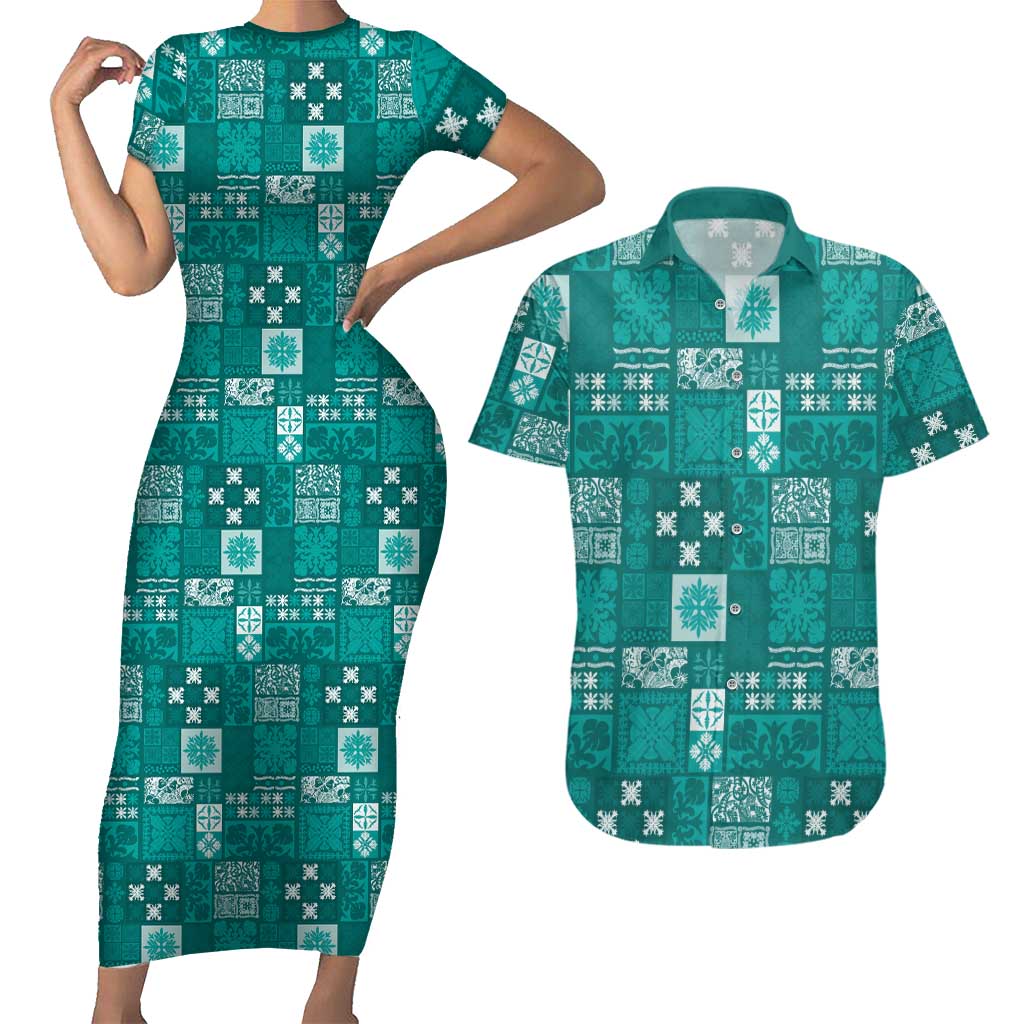 Vintage Hawaiian Quilting Patterns Couples Matching Short Sleeve Bodycon Dress and Hawaiian Shirt Turquoise Style Tribal Fabric Patchwork LT9 Turquoise - Polynesian Pride