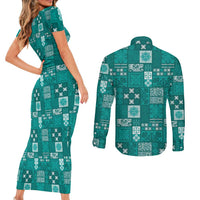 Vintage Hawaiian Quilting Patterns Couples Matching Short Sleeve Bodycon Dress and Long Sleeve Button Shirt Turquoise Style Tribal Fabric Patchwork - Polynesian Pride