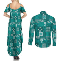 Vintage Hawaiian Quilting Patterns Couples Matching Summer Maxi Dress and Long Sleeve Button Shirt Turquoise Style Tribal Fabric Patchwork - Polynesian Pride