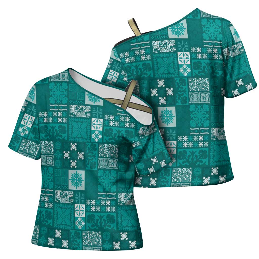 Vintage Hawaiian Quilting Patterns Cross Shoulder Shirt Turquoise Style Tribal Fabric Patchwork - Polynesian Pride