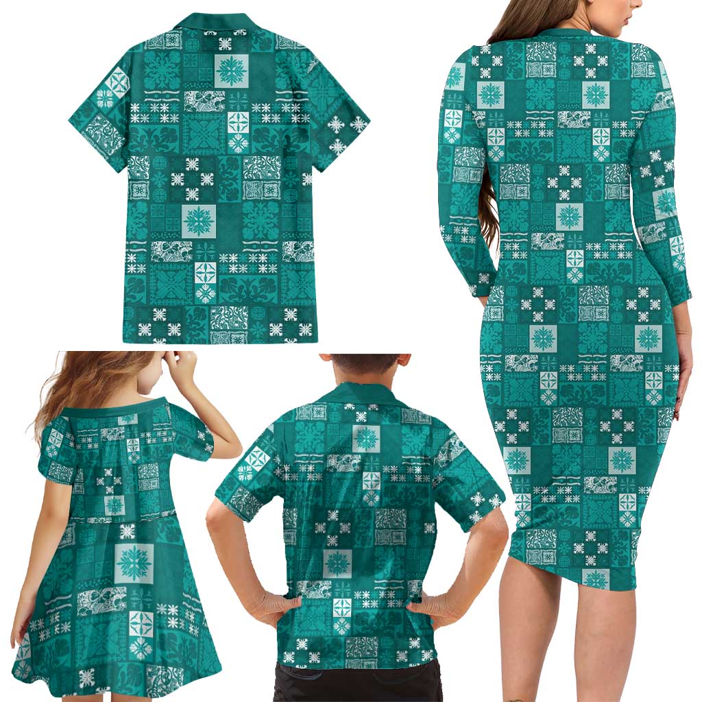 Vintage Hawaiian Quilting Patterns Family Matching Long Sleeve Bodycon Dress and Hawaiian Shirt Turquoise Style Tribal Fabric Patchwork LT9 - Polynesian Pride