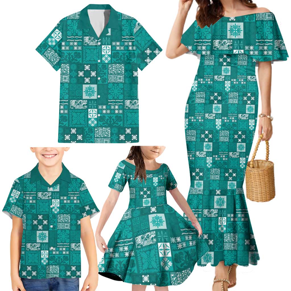 Vintage Hawaiian Quilting Patterns Family Matching Mermaid Dress and Hawaiian Shirt Turquoise Style Tribal Fabric Patchwork LT9 - Polynesian Pride