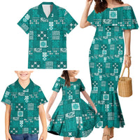Vintage Hawaiian Quilting Patterns Family Matching Mermaid Dress and Hawaiian Shirt Turquoise Style Tribal Fabric Patchwork LT9 - Polynesian Pride