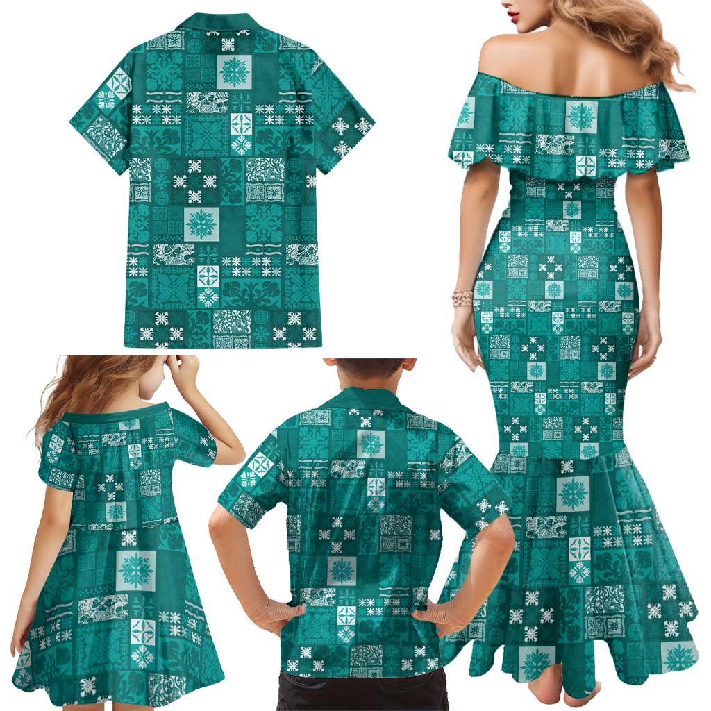 Vintage Hawaiian Quilting Patterns Family Matching Mermaid Dress and Hawaiian Shirt Turquoise Style Tribal Fabric Patchwork LT9 - Polynesian Pride