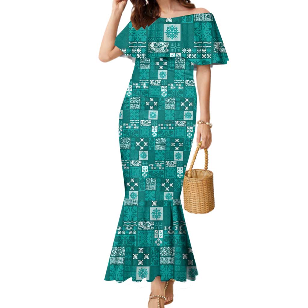 Vintage Hawaiian Quilting Patterns Family Matching Mermaid Dress and Hawaiian Shirt Turquoise Style Tribal Fabric Patchwork LT9 Mom's Dress Turquoise - Polynesian Pride