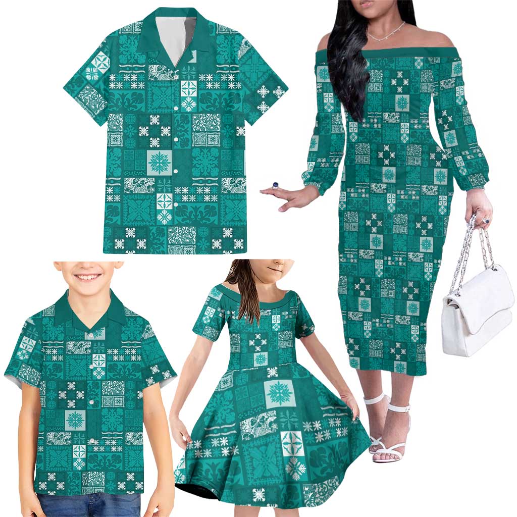 Vintage Hawaiian Quilting Patterns Family Matching Off The Shoulder Long Sleeve Dress and Hawaiian Shirt Turquoise Style Tribal Fabric Patchwork LT9 - Polynesian Pride