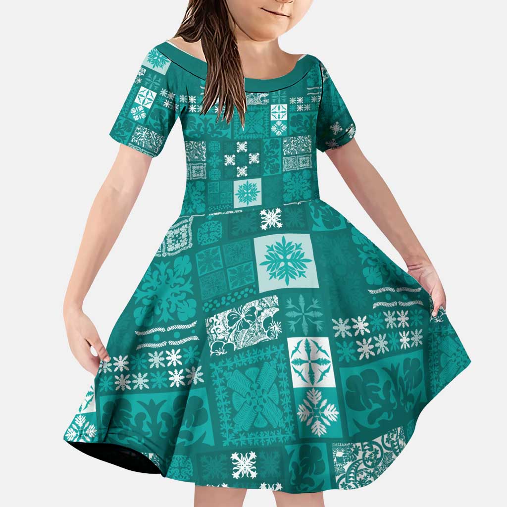 Vintage Hawaiian Quilting Patterns Family Matching Off Shoulder Maxi Dress and Hawaiian Shirt Turquoise Style Tribal Fabric Patchwork LT9 Daughter's Dress Turquoise - Polynesian Pride