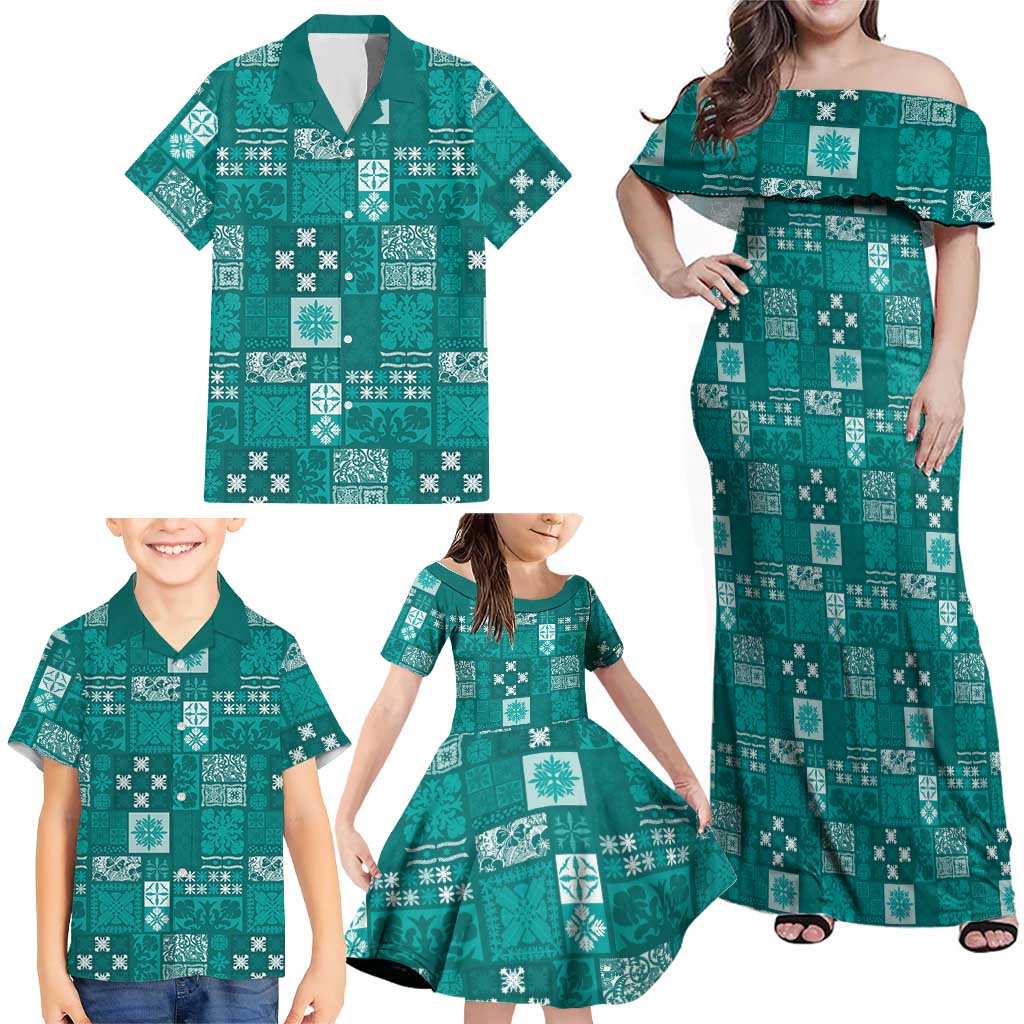 Vintage Hawaiian Quilting Patterns Family Matching Off Shoulder Maxi Dress and Hawaiian Shirt Turquoise Style Tribal Fabric Patchwork LT9 - Polynesian Pride