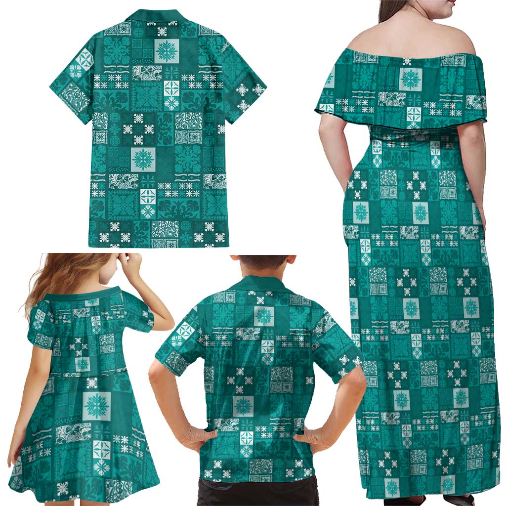 Vintage Hawaiian Quilting Patterns Family Matching Off Shoulder Maxi Dress and Hawaiian Shirt Turquoise Style Tribal Fabric Patchwork LT9 - Polynesian Pride