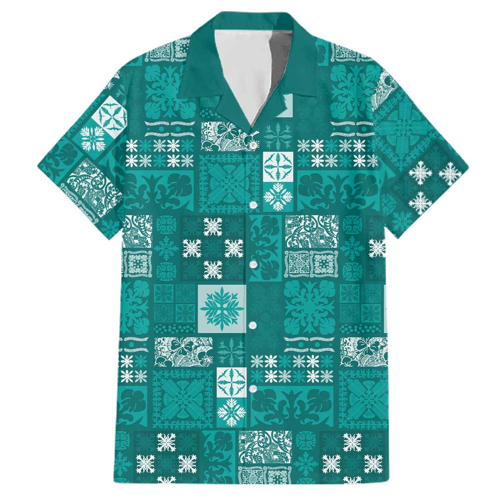 Vintage Hawaiian Quilting Patterns Family Matching Off Shoulder Maxi Dress and Hawaiian Shirt Turquoise Style Tribal Fabric Patchwork LT9 Dad's Shirt - Short Sleeve Turquoise - Polynesian Pride