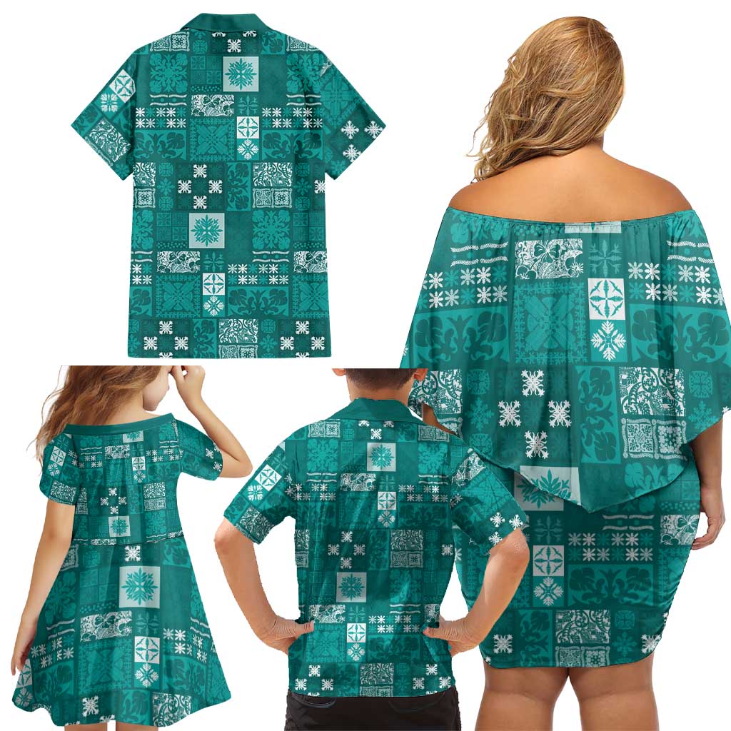 Vintage Hawaiian Quilting Patterns Family Matching Off Shoulder Short Dress and Hawaiian Shirt Turquoise Style Tribal Fabric Patchwork LT9 - Polynesian Pride