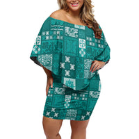 Vintage Hawaiian Quilting Patterns Family Matching Off Shoulder Short Dress and Hawaiian Shirt Turquoise Style Tribal Fabric Patchwork LT9 Mom's Dress Turquoise - Polynesian Pride