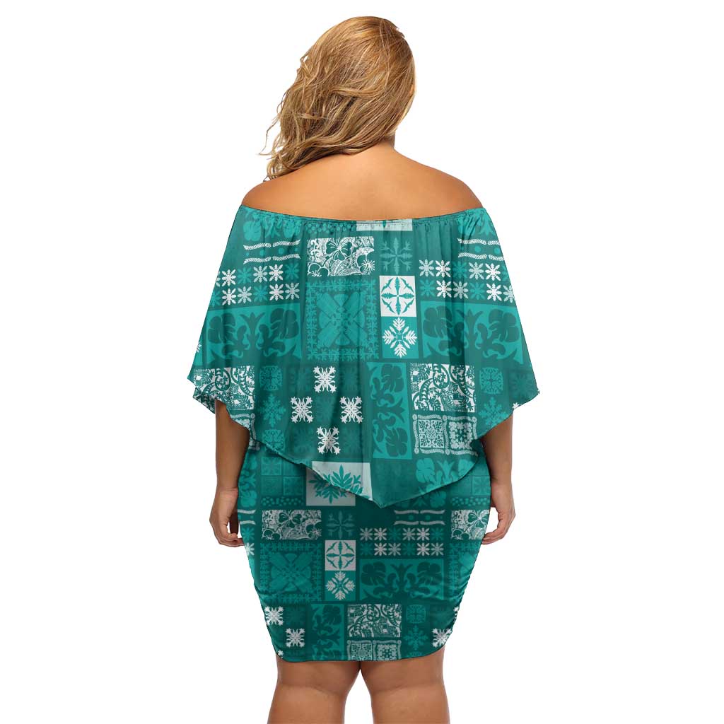 Vintage Hawaiian Quilting Patterns Family Matching Off Shoulder Short Dress and Hawaiian Shirt Turquoise Style Tribal Fabric Patchwork LT9 - Polynesian Pride