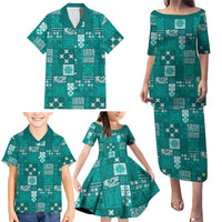 Vintage Hawaiian Quilting Patterns Family Matching Puletasi and Hawaiian Shirt Turquoise Style Tribal Fabric Patchwork LT9 - Polynesian Pride