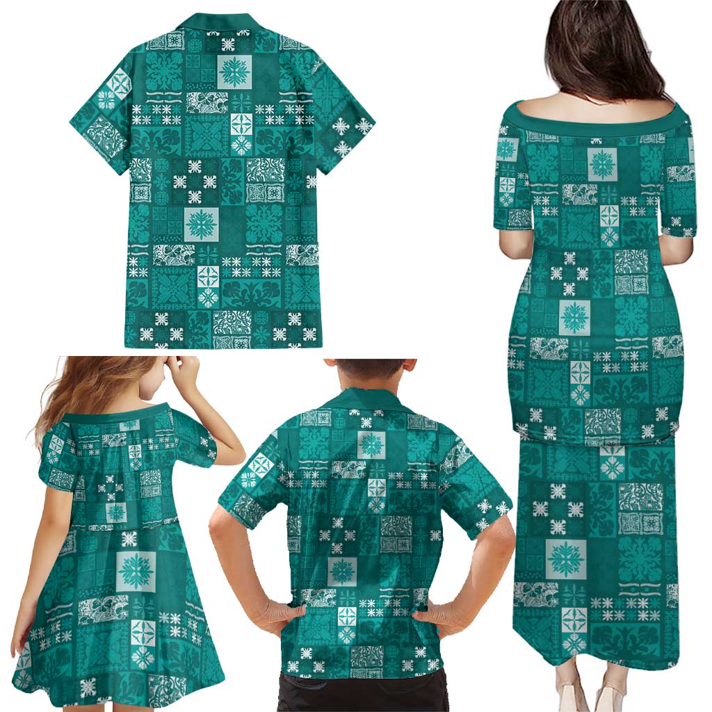 Vintage Hawaiian Quilting Patterns Family Matching Puletasi and Hawaiian Shirt Turquoise Style Tribal Fabric Patchwork LT9 - Polynesian Pride