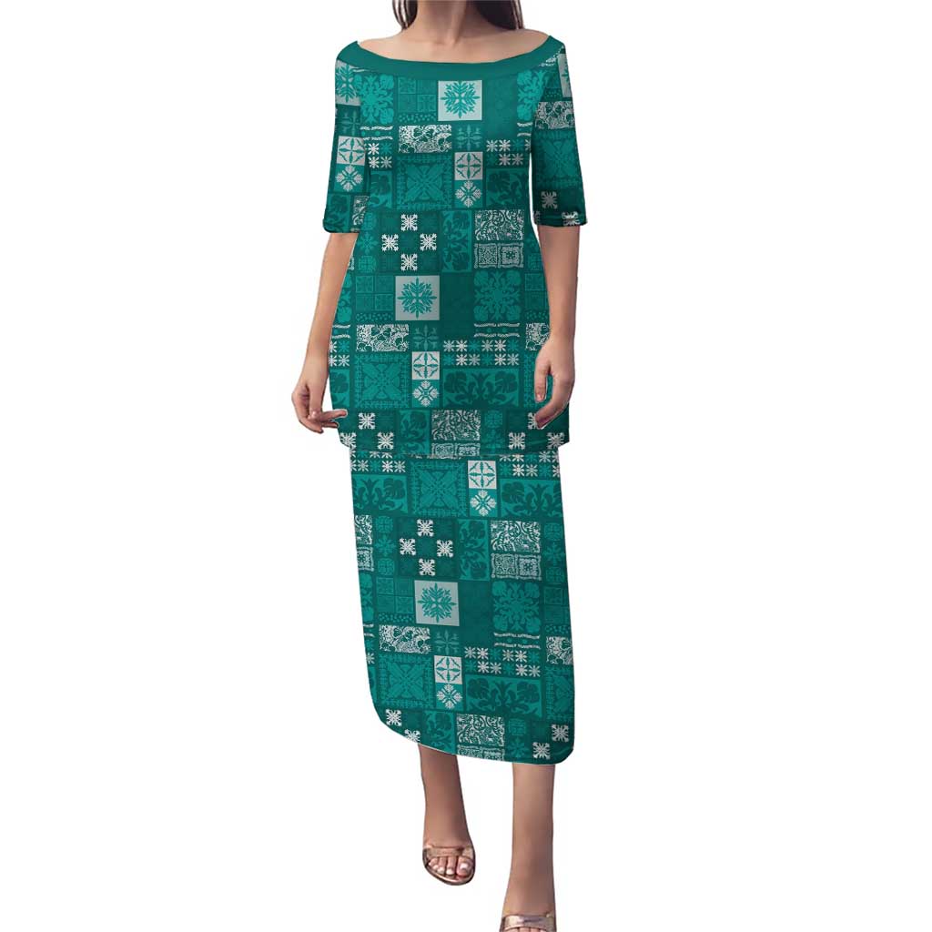 Vintage Hawaiian Quilting Patterns Family Matching Puletasi and Hawaiian Shirt Turquoise Style Tribal Fabric Patchwork LT9 Mom's Dress Turquoise - Polynesian Pride