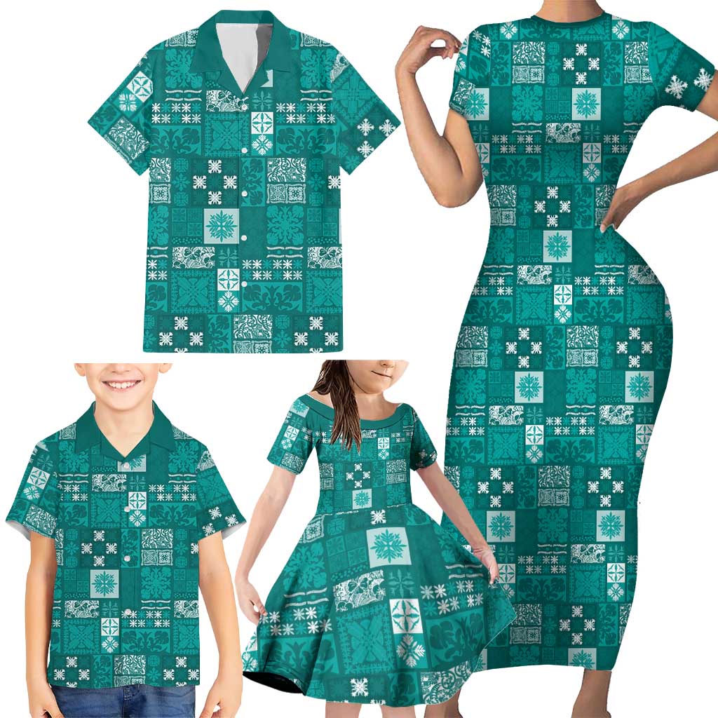 Vintage Hawaiian Quilting Patterns Family Matching Short Sleeve Bodycon Dress and Hawaiian Shirt Turquoise Style Tribal Fabric Patchwork LT9 - Polynesian Pride