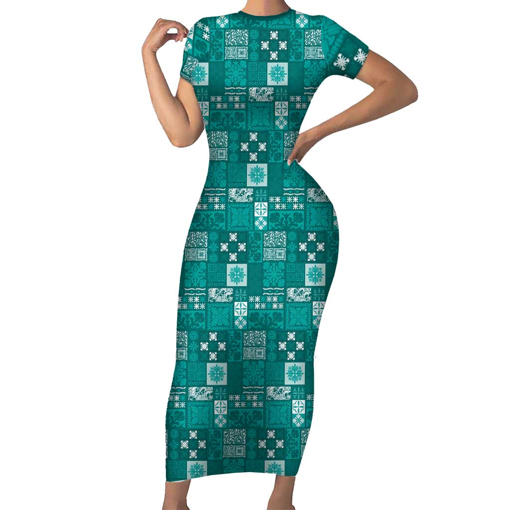 Vintage Hawaiian Quilting Patterns Family Matching Short Sleeve Bodycon Dress and Hawaiian Shirt Turquoise Style Tribal Fabric Patchwork LT9 Mom's Dress Turquoise - Polynesian Pride