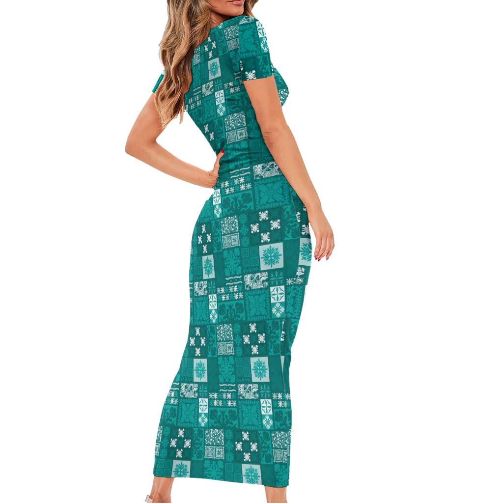 Vintage Hawaiian Quilting Patterns Family Matching Short Sleeve Bodycon Dress and Hawaiian Shirt Turquoise Style Tribal Fabric Patchwork LT9 - Polynesian Pride