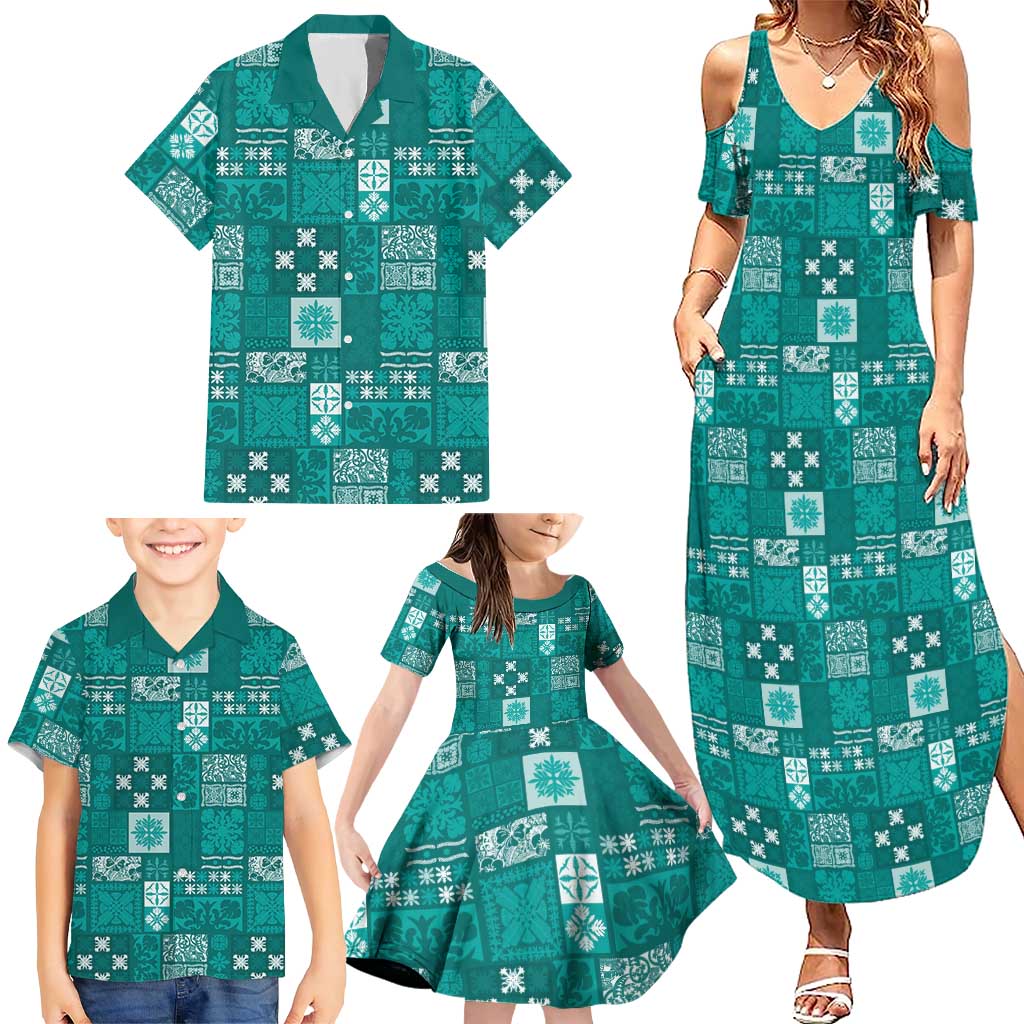 Vintage Hawaiian Quilting Patterns Family Matching Summer Maxi Dress and Hawaiian Shirt Turquoise Style Tribal Fabric Patchwork LT9 - Polynesian Pride