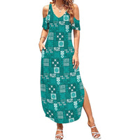 Vintage Hawaiian Quilting Patterns Family Matching Summer Maxi Dress and Hawaiian Shirt Turquoise Style Tribal Fabric Patchwork LT9 Mom's Dress Turquoise - Polynesian Pride