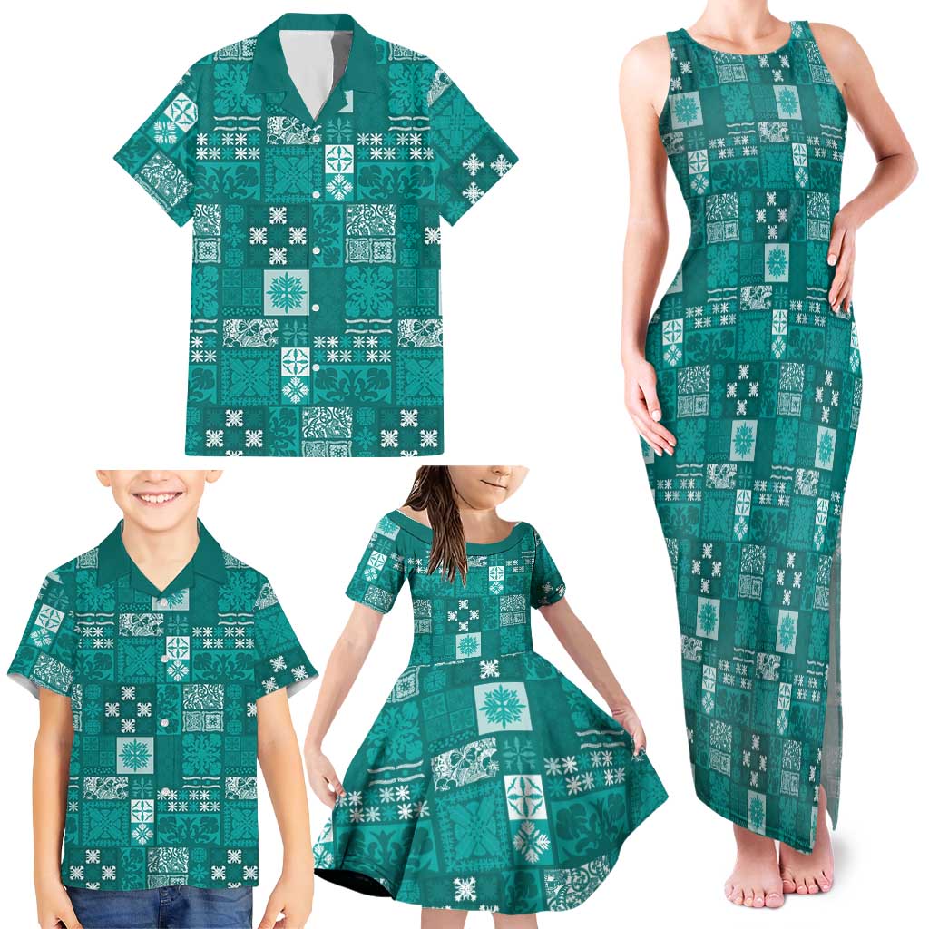 Vintage Hawaiian Quilting Patterns Family Matching Tank Maxi Dress and Hawaiian Shirt Turquoise Style Tribal Fabric Patchwork LT9 - Polynesian Pride