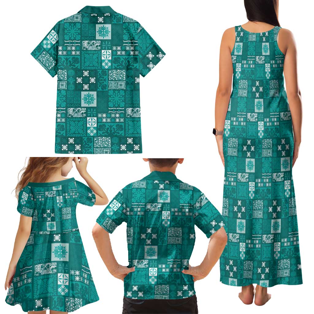 Vintage Hawaiian Quilting Patterns Family Matching Tank Maxi Dress and Hawaiian Shirt Turquoise Style Tribal Fabric Patchwork LT9 - Polynesian Pride