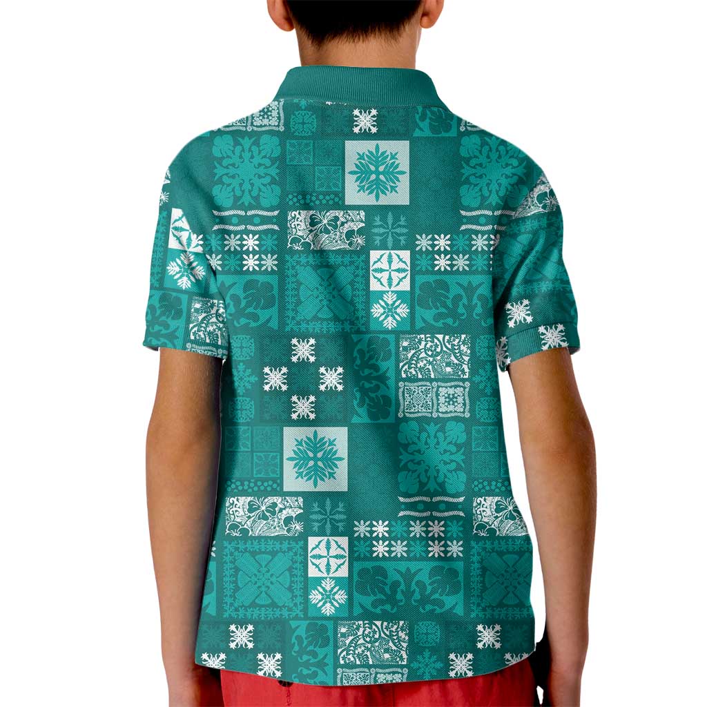 Vintage Hawaiian Quilting Patterns Kid Polo Shirt Turquoise Style Tribal Fabric Patchwork - Polynesian Pride