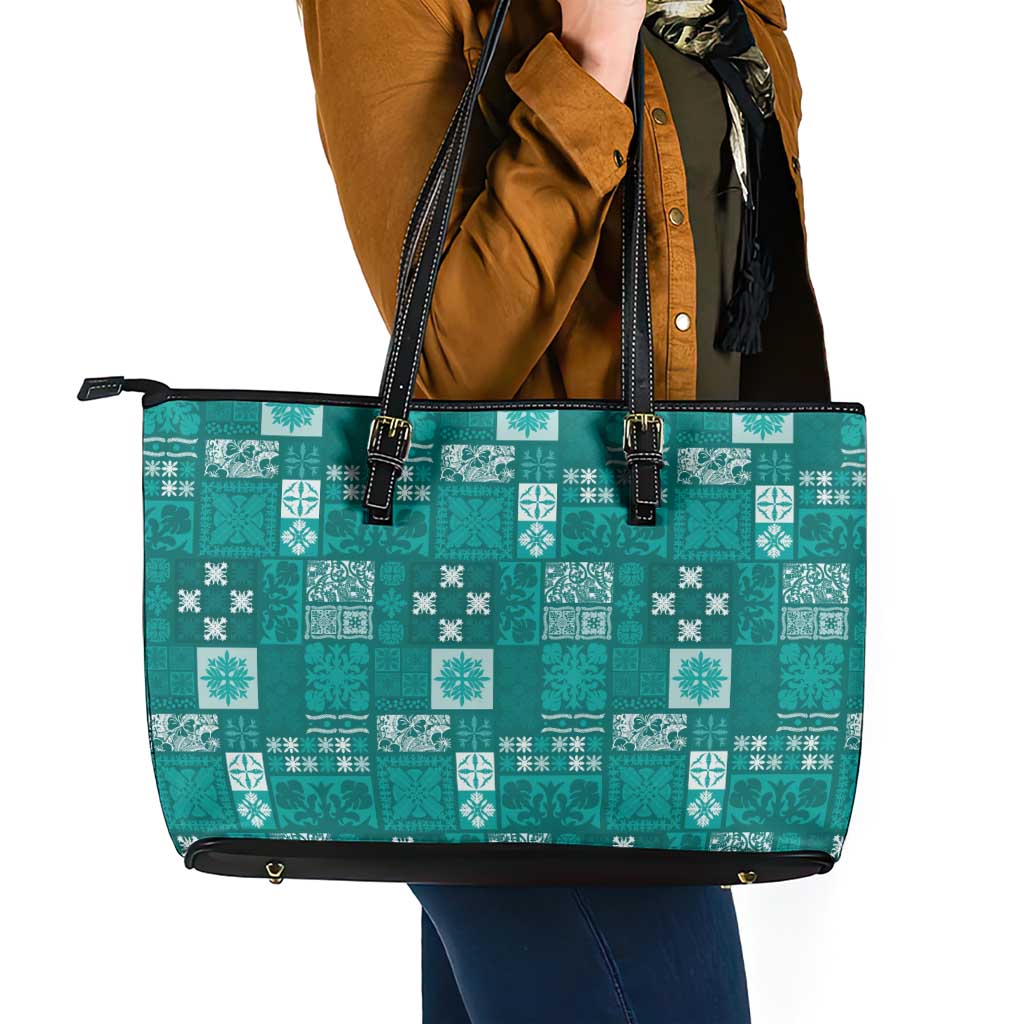 Vintage Hawaiian Quilting Patterns Leather Tote Bag Turquoise Style Tribal Fabric Patchwork - Polynesian Pride