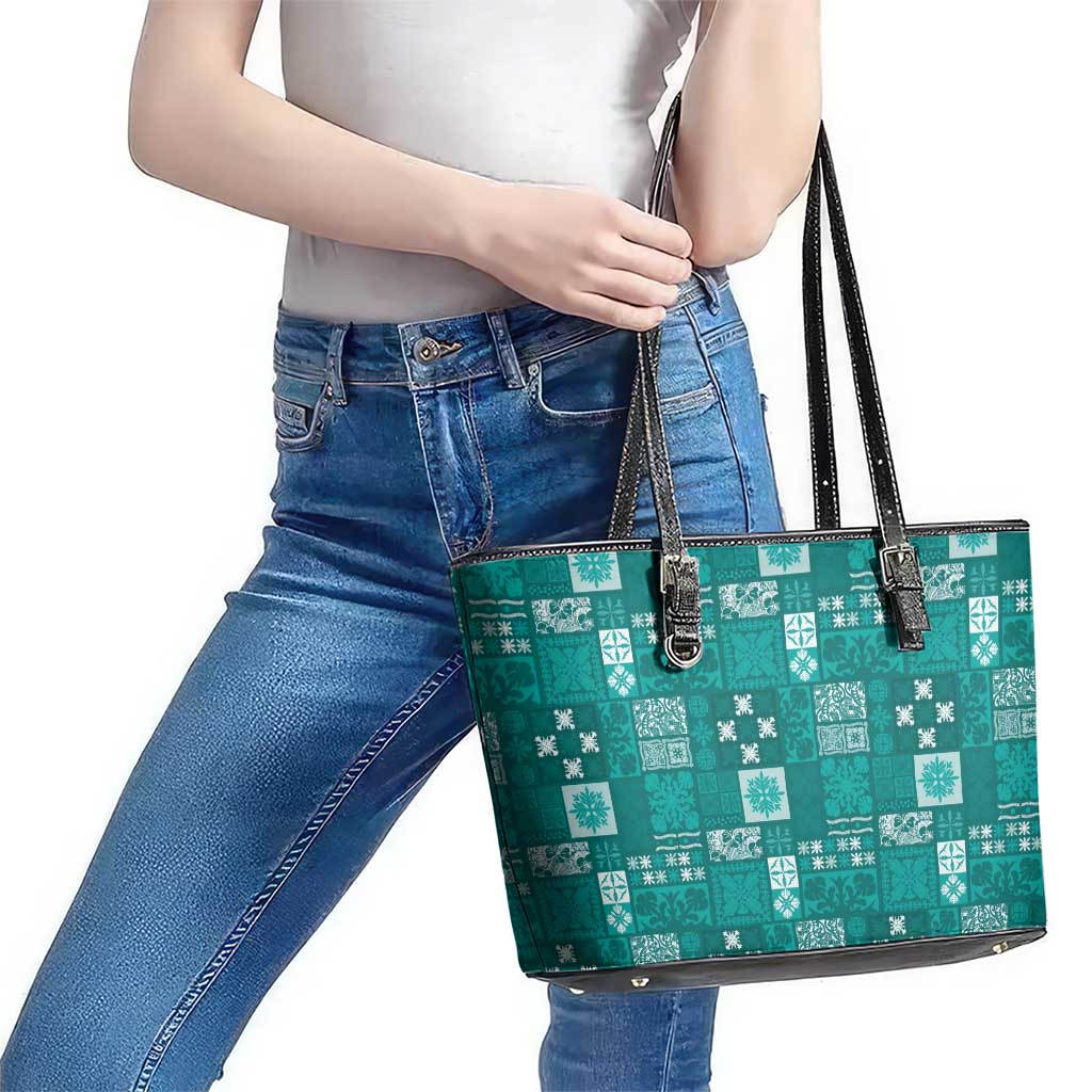 Vintage Hawaiian Quilting Patterns Leather Tote Bag Turquoise Style Tribal Fabric Patchwork - Polynesian Pride
