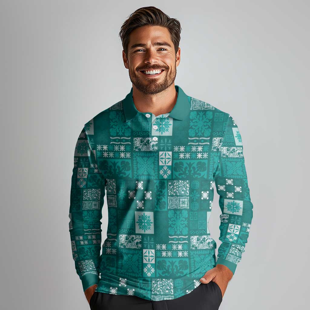 Vintage Hawaiian Quilting Patterns Long Sleeve Polo Shirt Turquoise Style Tribal Fabric Patchwork - Polynesian Pride