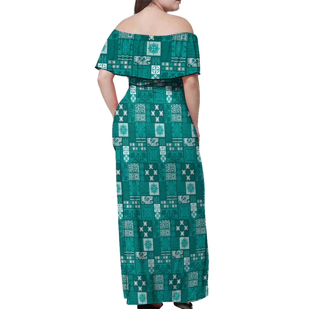 Vintage Hawaiian Quilting Patterns Off Shoulder Maxi Dress Turquoise Style Tribal Fabric Patchwork - Polynesian Pride