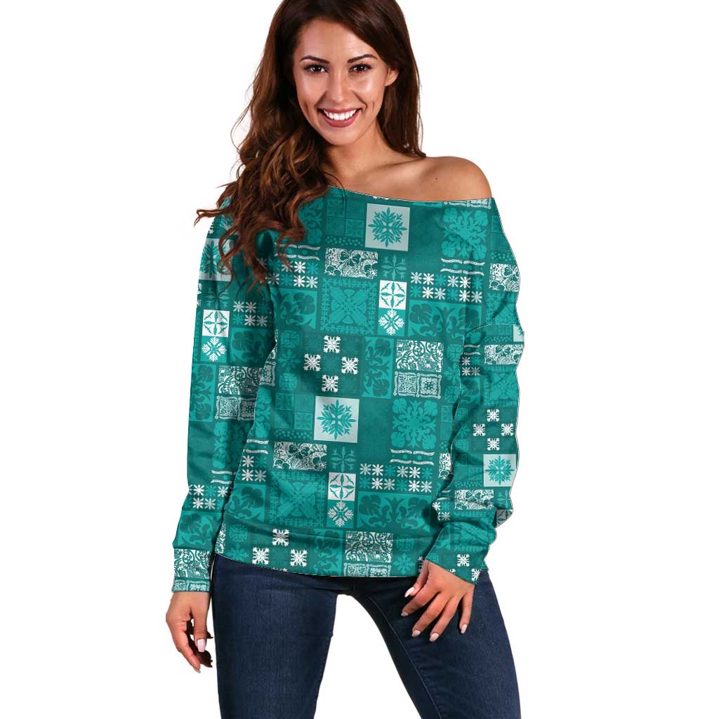Vintage Hawaiian Quilting Patterns Off Shoulder Sweater Turquoise Style Tribal Fabric Patchwork - Polynesian Pride