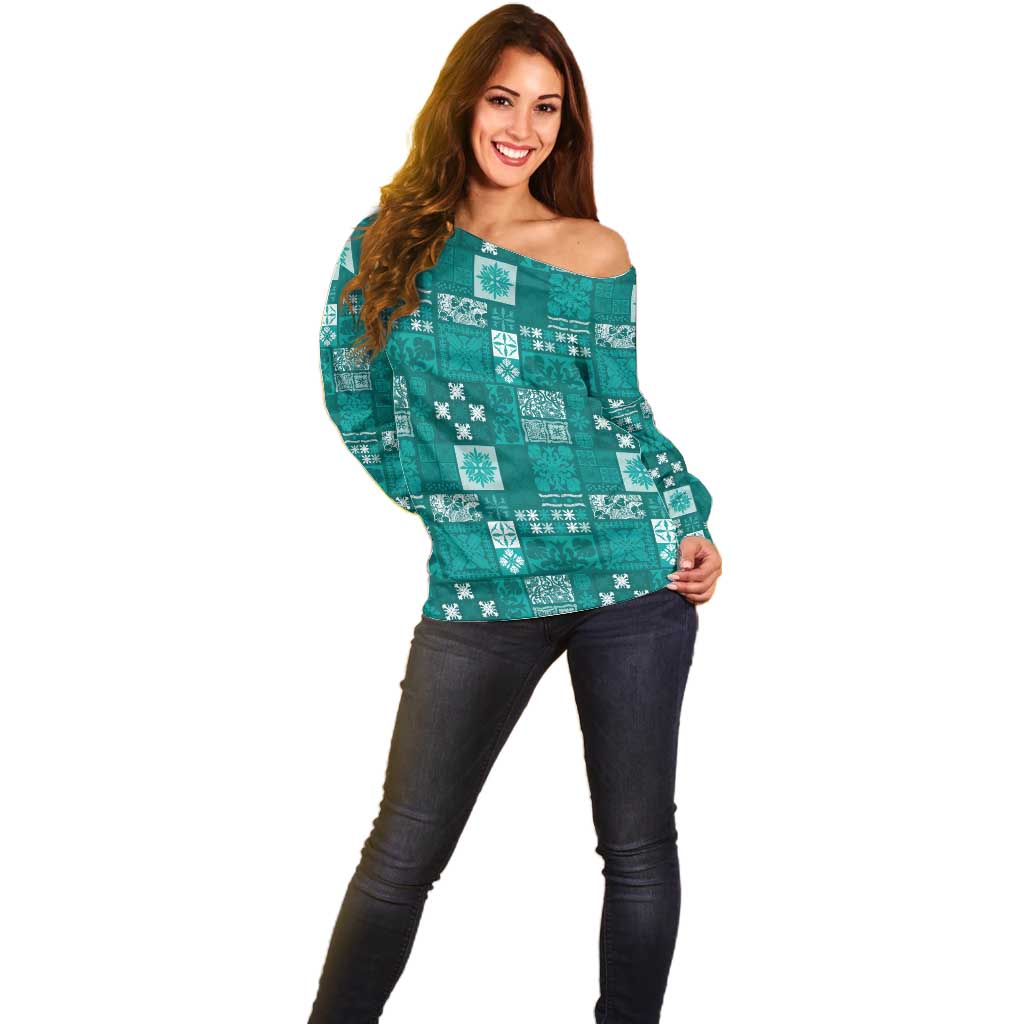 Vintage Hawaiian Quilting Patterns Off Shoulder Sweater Turquoise Style Tribal Fabric Patchwork - Polynesian Pride