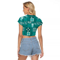 Vintage Hawaiian Quilting Patterns Raglan Cropped T Shirt Turquoise Style Tribal Fabric Patchwork - Polynesian Pride