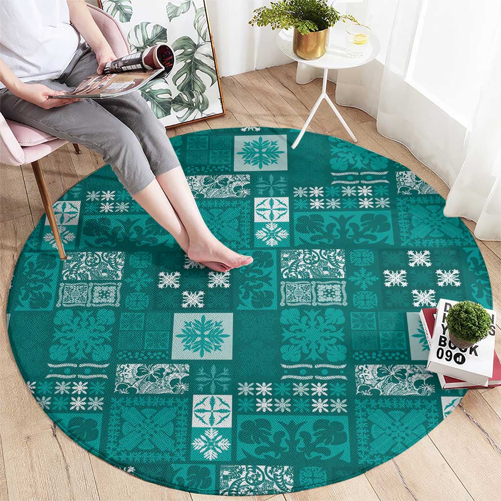 Vintage Hawaiian Quilting Patterns Round Carpet Turquoise Style Tribal Fabric Patchwork - Polynesian Pride