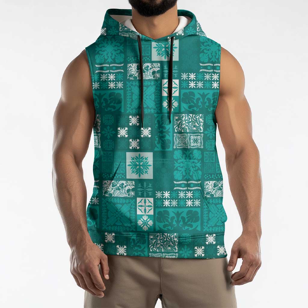 Vintage Hawaiian Quilting Patterns Sleeveless Hoodie Turquoise Style Tribal Fabric Patchwork - Polynesian Pride