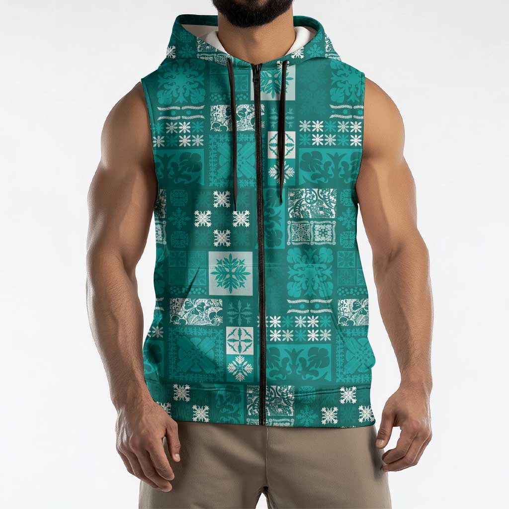 Vintage Hawaiian Quilting Patterns Sleeveless Zip Hoodie Turquoise Style Tribal Fabric Patchwork - Polynesian Pride