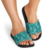 Vintage Hawaiian Quilting Patterns Slide Sandals Turquoise Style Tribal Fabric Patchwork - Polynesian Pride