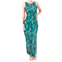 Vintage Hawaiian Quilting Patterns Tank Maxi Dress Turquoise Style Tribal Fabric Patchwork LT9 Women Turquoise - Polynesian Pride