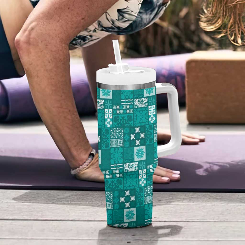 Vintage Hawaiian Quilting Patterns Tumbler With Handle Turquoise Style Tribal Fabric Patchwork - Polynesian Pride