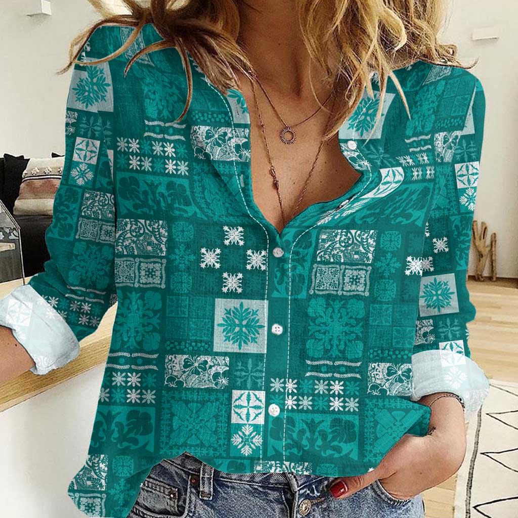 Vintage Hawaiian Quilting Patterns Women Casual Shirt Turquoise Style Tribal Fabric Patchwork - Polynesian Pride