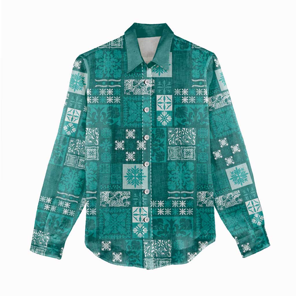 Vintage Hawaiian Quilting Patterns Women Casual Shirt Turquoise Style Tribal Fabric Patchwork - Polynesian Pride
