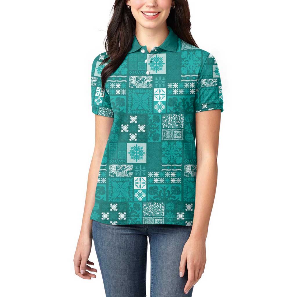 Vintage Hawaiian Quilting Patterns Women Polo Shirt Turquoise Style Tribal Fabric Patchwork - Polynesian Pride