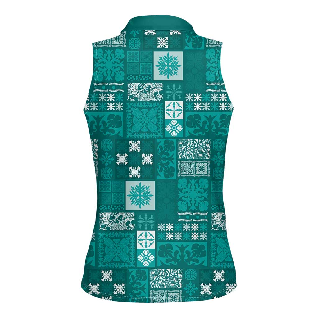 Vintage Hawaiian Quilting Patterns Women Sleeveless Polo Shirt Turquoise Style Tribal Fabric Patchwork - Polynesian Pride