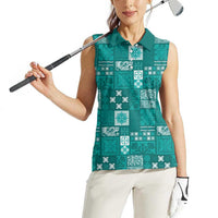 Vintage Hawaiian Quilting Patterns Women Sleeveless Polo Shirt Turquoise Style Tribal Fabric Patchwork - Polynesian Pride