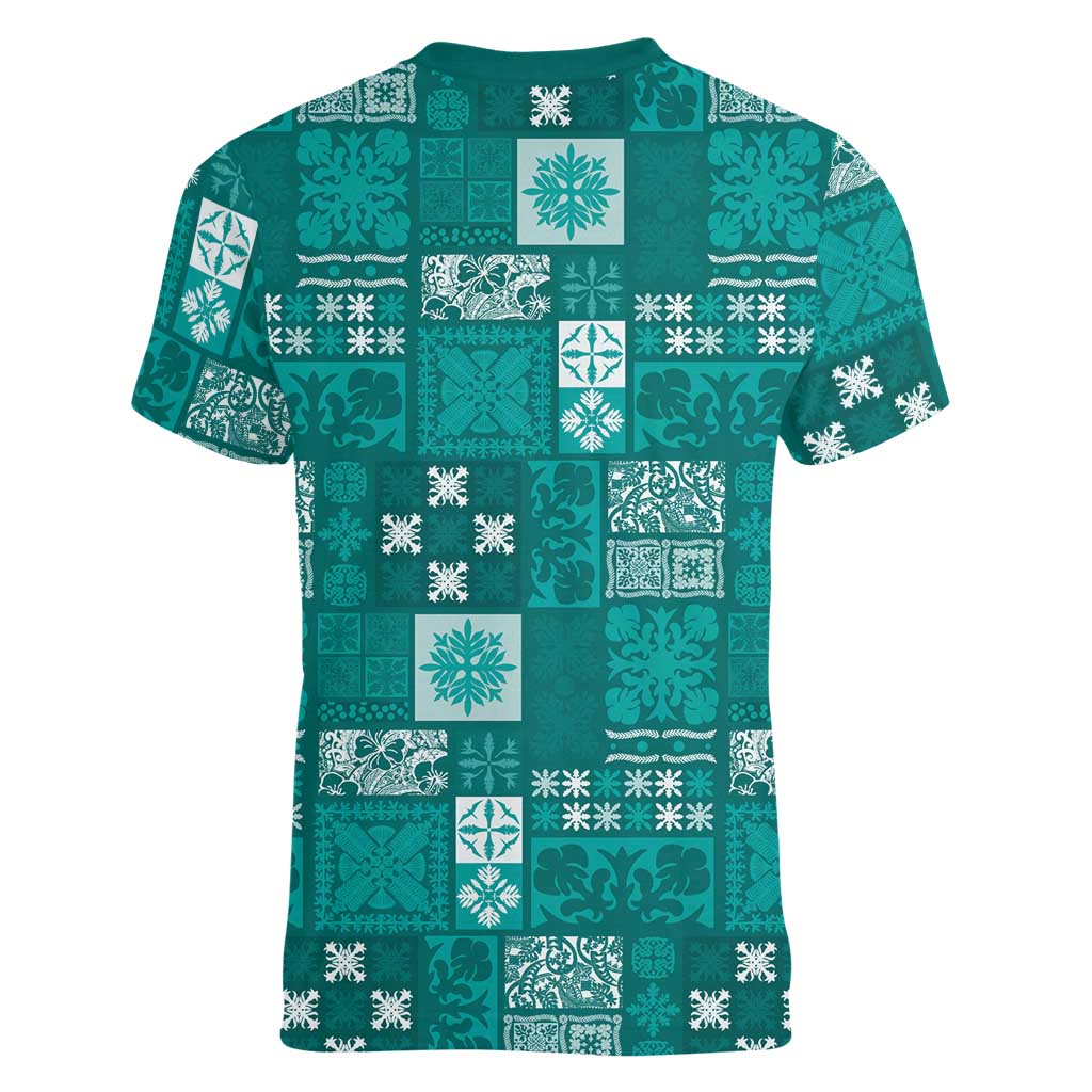 Vintage Hawaiian Quilting Patterns Women V-Neck T-Shirt Turquoise Style Tribal Fabric Patchwork - Polynesian Pride