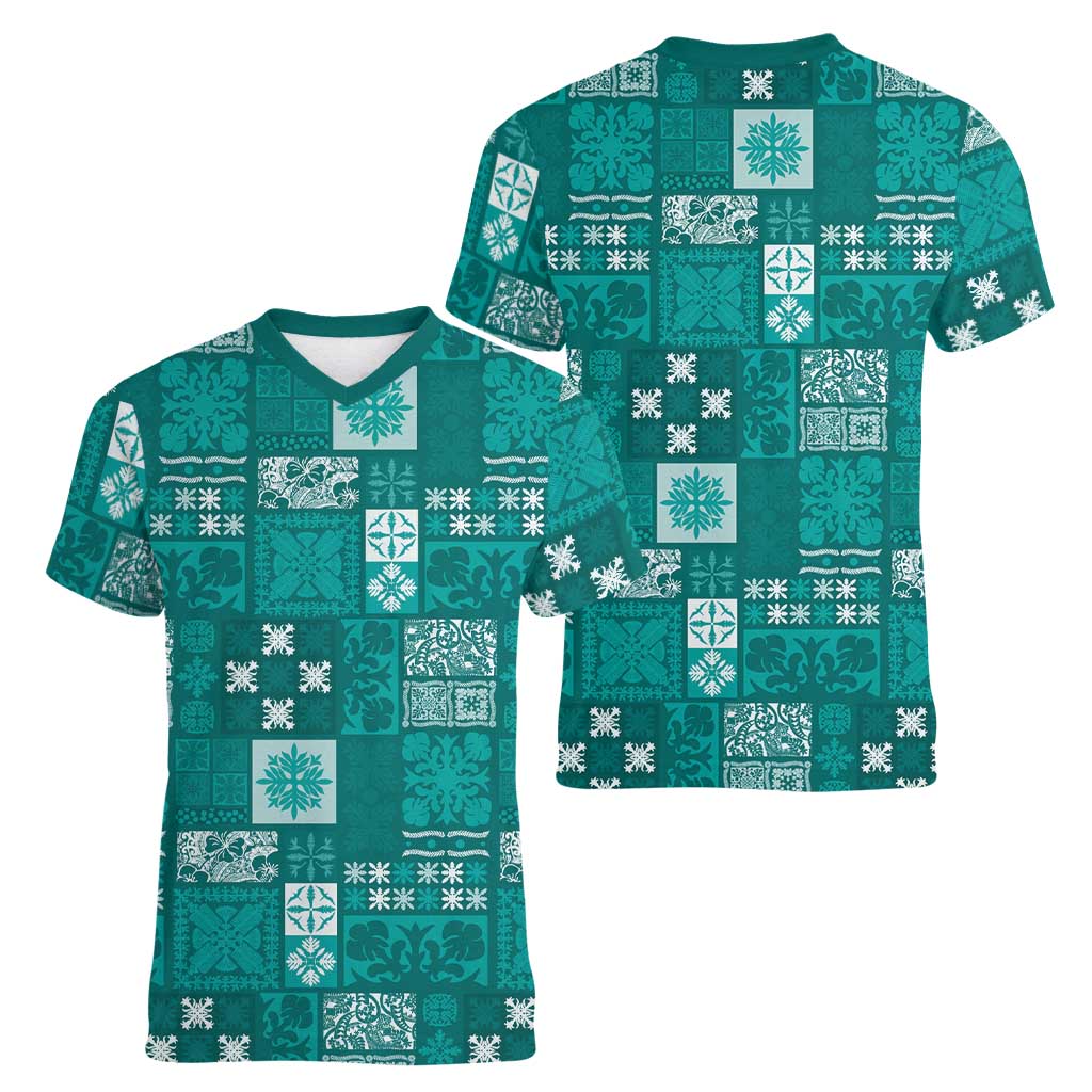 Vintage Hawaiian Quilting Patterns Women V-Neck T-Shirt Turquoise Style Tribal Fabric Patchwork - Polynesian Pride