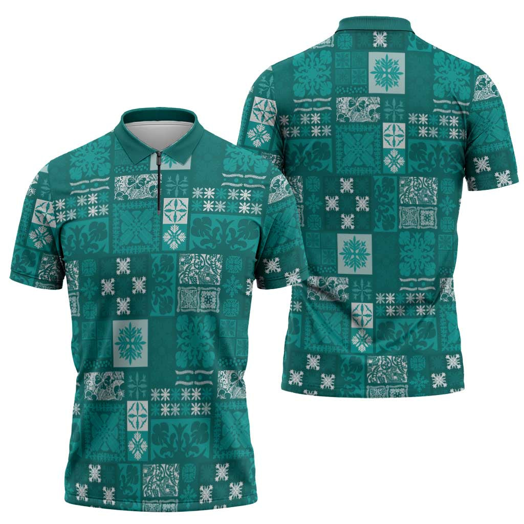 Vintage Hawaiian Quilting Patterns Zipper Polo Shirt Turquoise Style Tribal Fabric Patchwork - Polynesian Pride